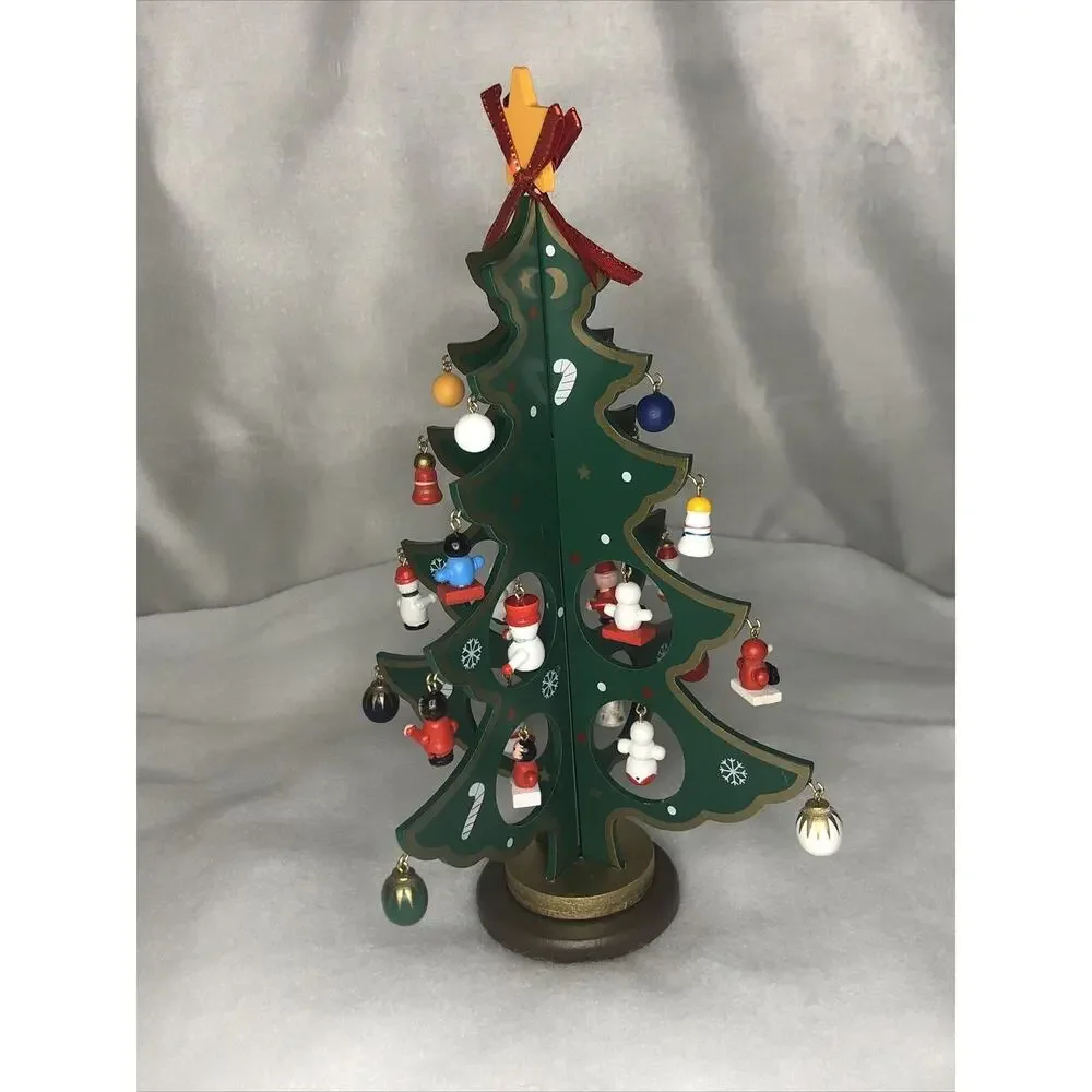 Folding Wooden Tree With 24 Mini Decorations Star Topper And Base Kurt S. Adler